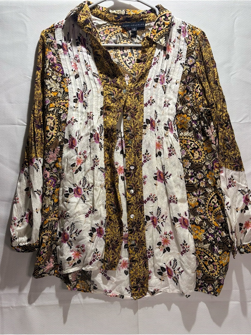 Jane and Delancey Mustard, Cream and Pink Mixed-Print Button Front Blouse